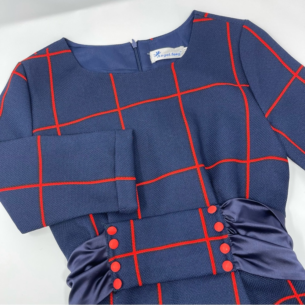 Angel Feng Mod Style Dress 3/4 Cuff Sleeve Sash Tie Back Size Medium Navy Red